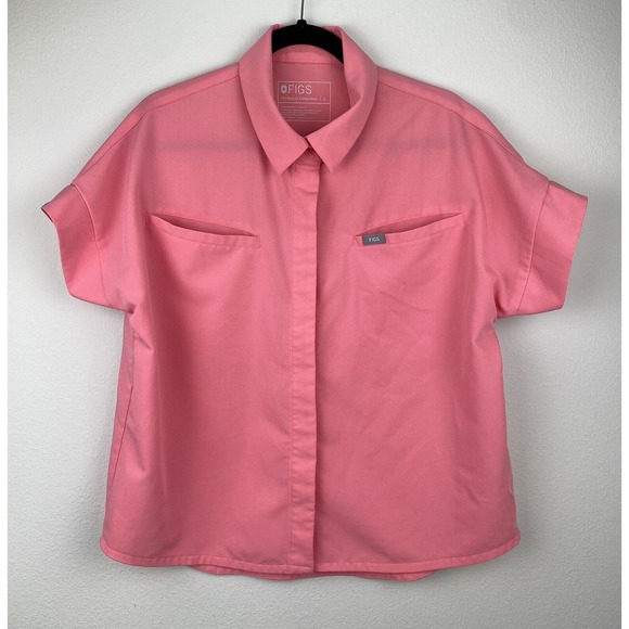 Figs Tops - Figs Womens Elmina Size Large Pink Collared Button Up Scrub Top with Poc…